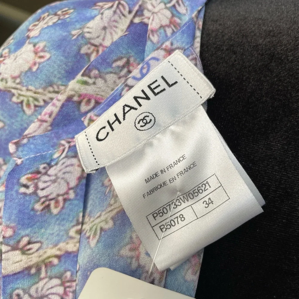 Chanel 15c silk blouse blue scarf logo shirt sz 34